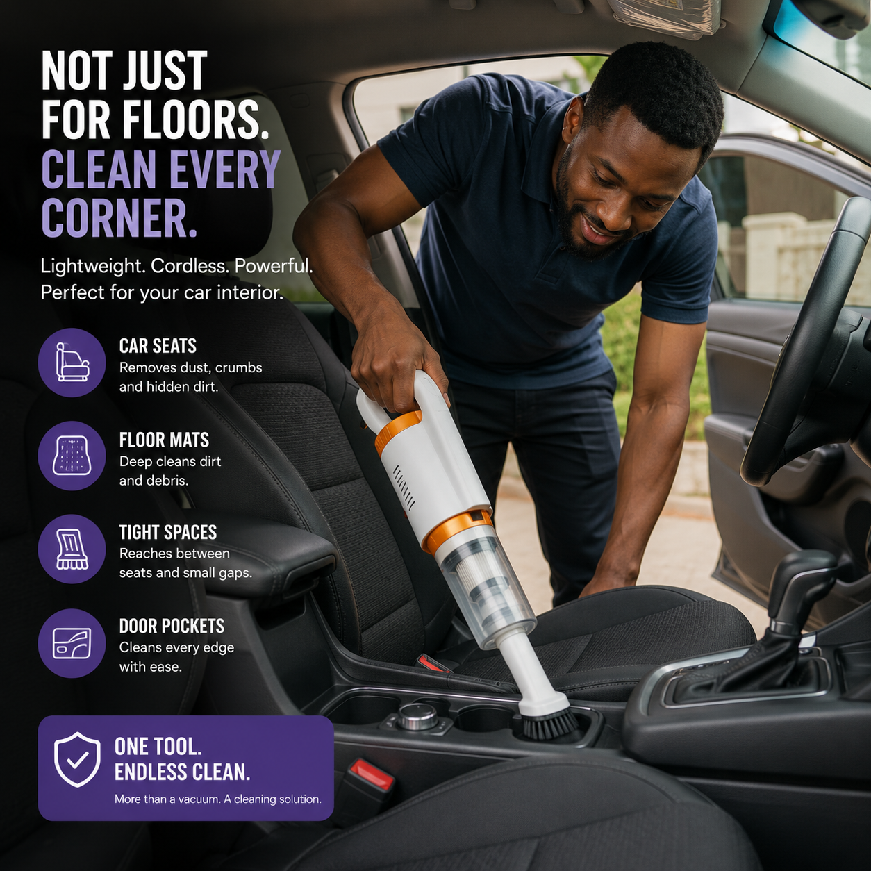 Cleaning car interior with the Multipurpose Wireless Vacuum Cleaner